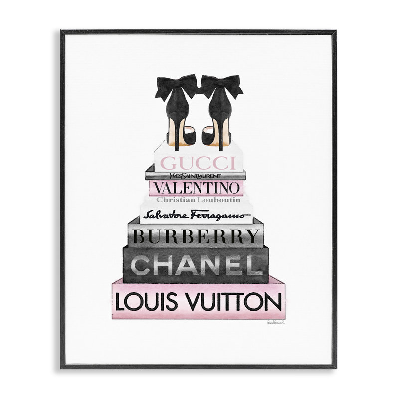 'Heels Pink Bookstack Glam Fashion Design' by Amanda Greenwood - Graphic Art Print, Midnight Black Framed Giclee