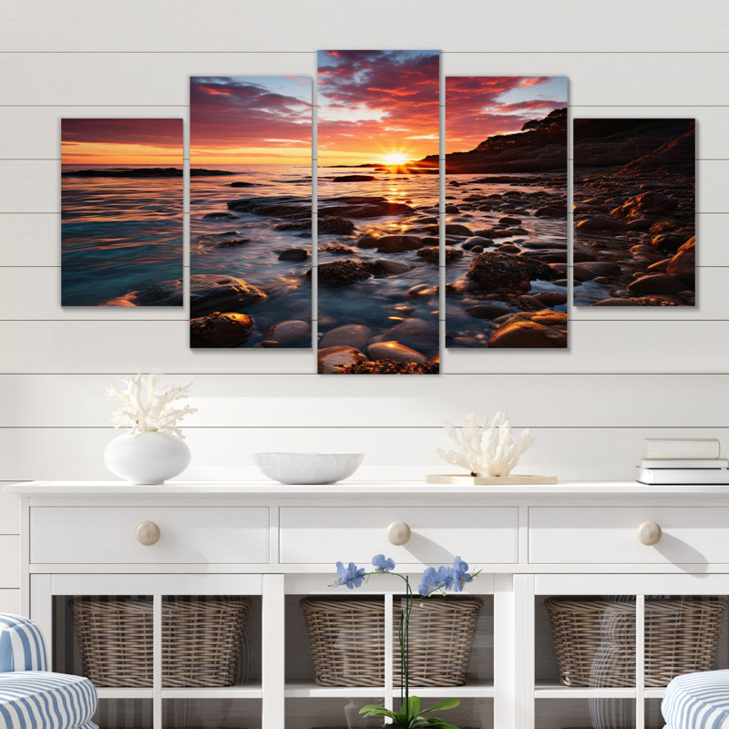 Rocky Beach Coastal Birds - Salon d'art mural nautique et de plage - 5 panneaux
