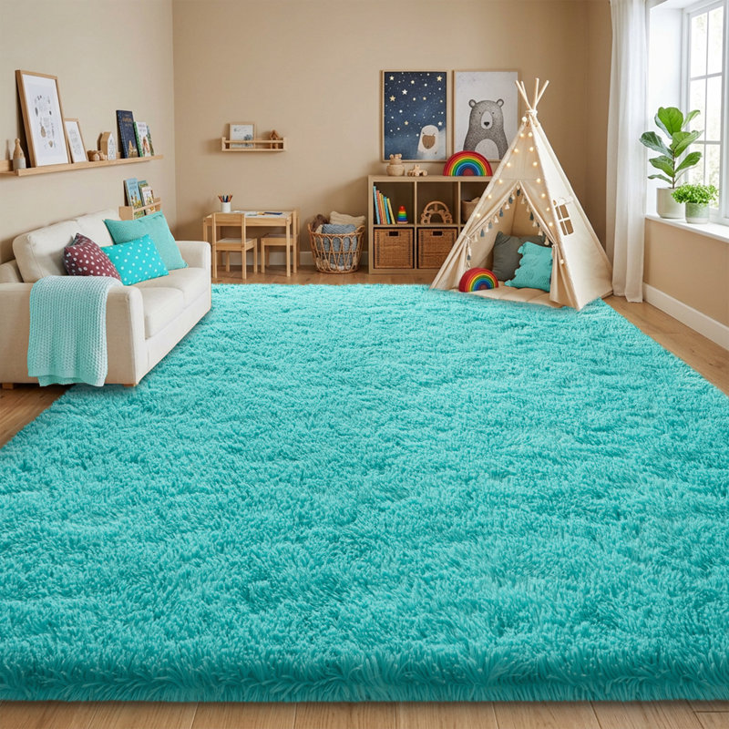 Solid Rug Soft Fluffy Blue Indoor Area Rug for Living Room Bedroom Nursery Kids Room, Rectangle 8' x 10', Teal Blue