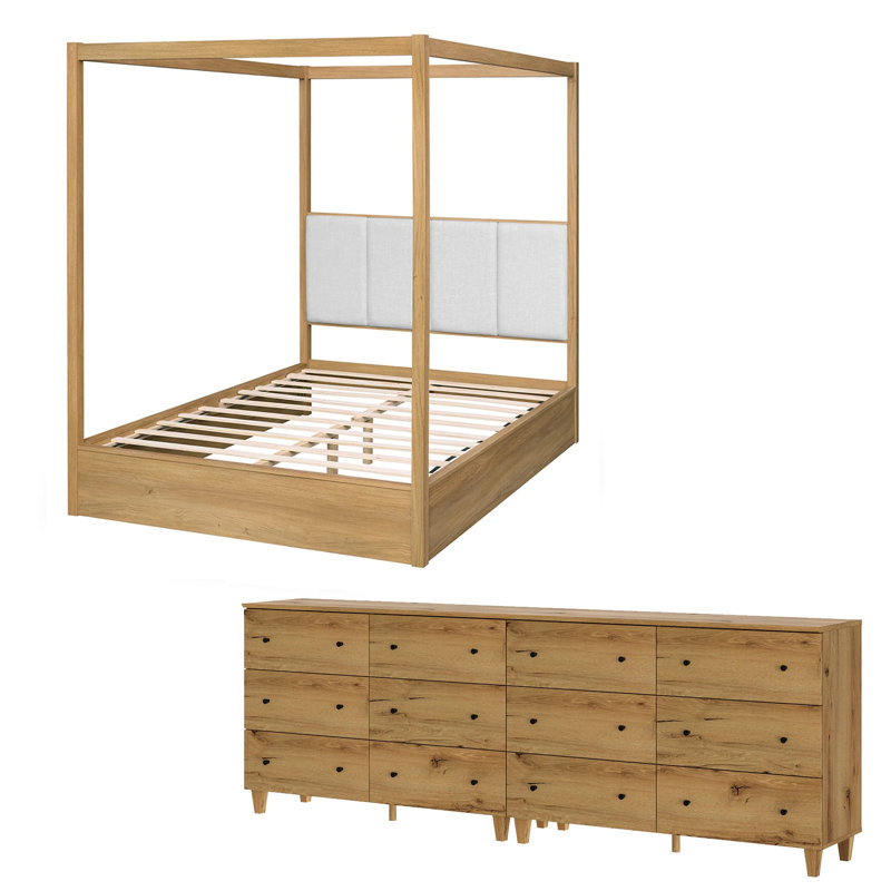 Bedroom Furniture Set, Queen Size Solid Wood Canopy Bed And 12-Drawer Dresser, 2 Pcs: Bed, Double Dresser