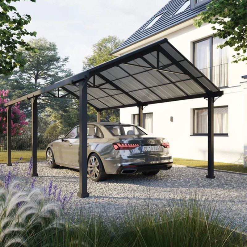 Sunjoy Carport 12 ft. x 20 ft. Outdoor Gazebo Heavy Duty Garage Car Shelter with Powder-Coated Steel Roof and Frame, Dark Gray