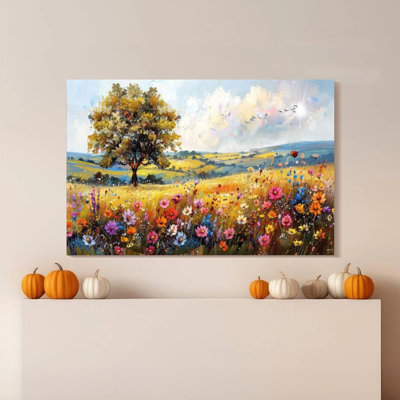 1pc Framed Broxton Painting Golden flower field, solitary tree and flying birds, Impressionist oil painting style Decor Print Vintage Wall Poster Home Decor Perfect Gift for Modern Artwork For Bedroom Living Room