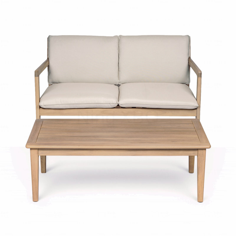 Outdoor Acacia Wood Loveseat With Coffee Table Light Teak Frame Beige Cushion