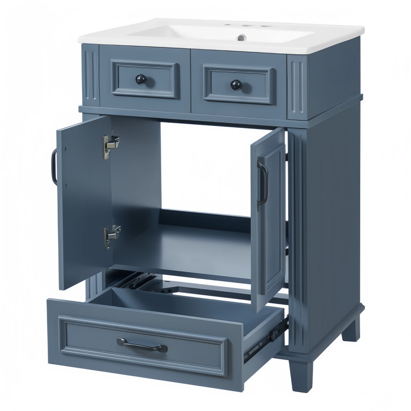 Meuble-lavabo 24 po avec lavabo en céramique et armoire de rangement en bois massif, portes à fermeture douce, style rétro