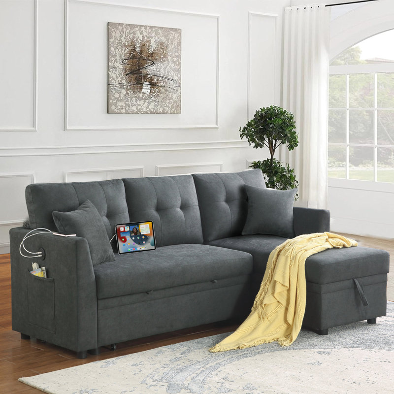 Lit modulaire avec hublot, rangement pour méridienne, canapé-lit en velours gris 3 po et douille