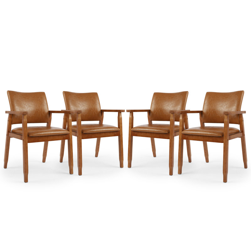 Modern Pu Leather Upholstered Wood Arm Chair With Solid Wood Armrest And Legs, Set Of 4, Brown