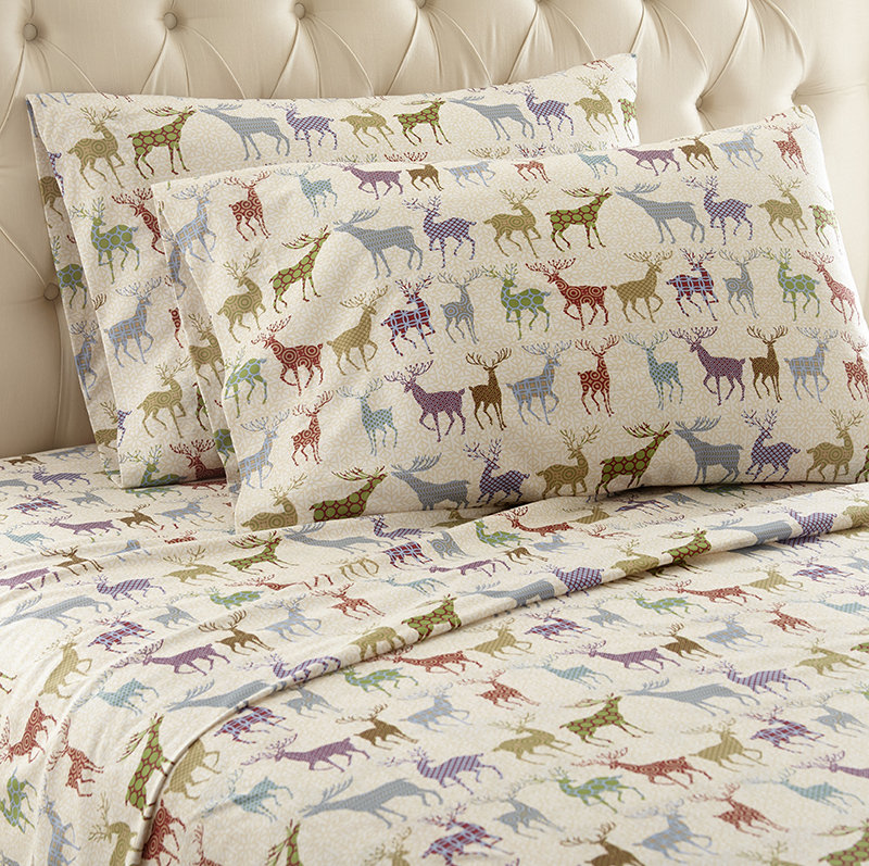 Queen Colorful Deer Print Cotton Polyester Flannel Sheet Set