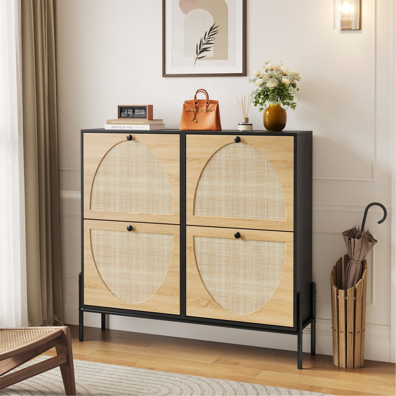 Space-Saving Rattan Shoe Cabinet With 4 Flip-Down Doors – Elegant Narrow Storage For Entryways & Hallways, Black