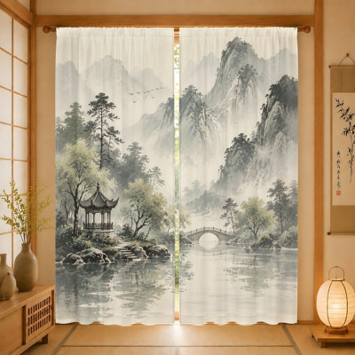 2Pcs Traditional Chinese Landscape Painting Curtains, Light Filtering Fabric, Serene Mountain and Pagoda Print, Privacy Protection, Rod Pocket Design, for Living Room, Bedroom, Balcony Home Decor