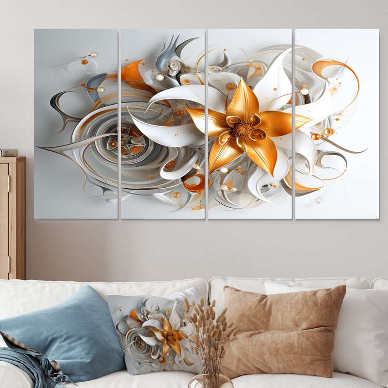 Golden Morning Flower - ensemble de 4 décorations murales florales modernes, H 32 po x l 64 po