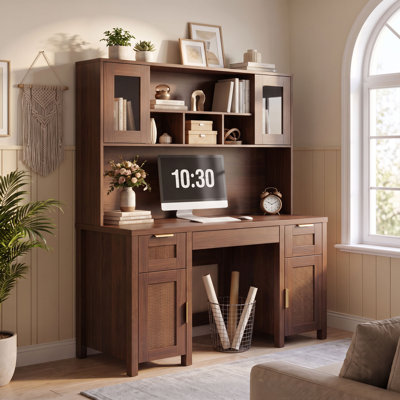 Bureau gain de place pour la maison avec bibliothèque et rangements intégrés – Poste de travail multifonctionnel en MDF pour petits espaces – Couleur noyer