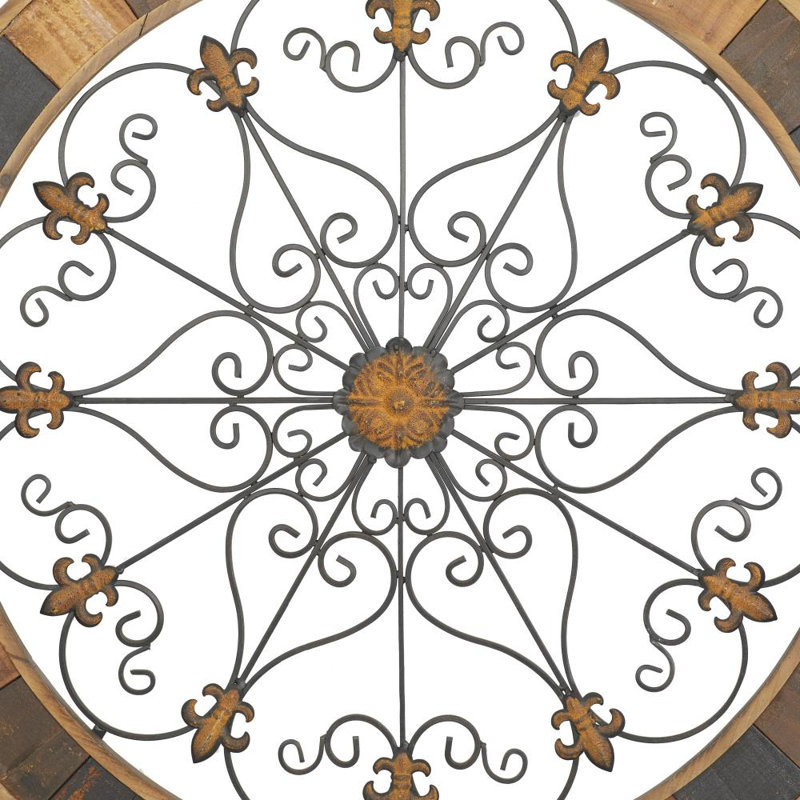 Wood Medallion Scroll Brown Wall Decor with Metal Fleur-De-Lis Detail