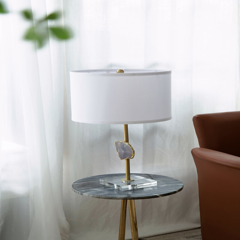 Table Lamp With Agate Slice And White Drum Shade