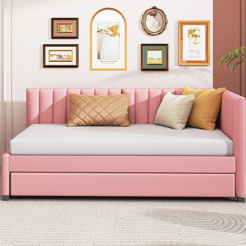 Lit de jour simple tapissier avec couchette en tissu de lin rose, lit gigogne sans sommier, lit en tissu, nécessaire