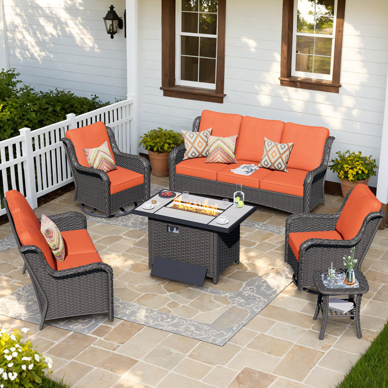 Tommy 7 - Person Patio Conversation Set with Cushions, Beige, Brown