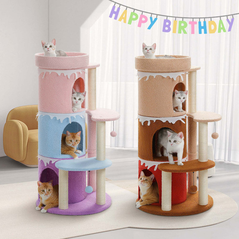 43" Cat Tree Cat Tower For Indoor Large Cats, Cat Bed House With 3 Large Condos And Sisal Scratching Posts For Kittens, Brown
