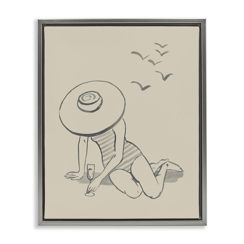 Fille sur la plage, croquis, art mural encadré par Grace Popp, Cadre flottant gris lustré, H 21 po x l 17 po