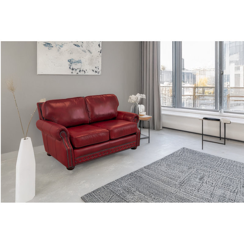 Causeuse à accoudoirs roulés en cuir véritable 74 po Speroni, Cuir véritable rouge foncé Brompton