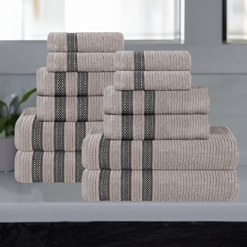 Ensemble de 12 serviettes de bain en coton côtelé zéro torsion avec bordure géométrique, Grey