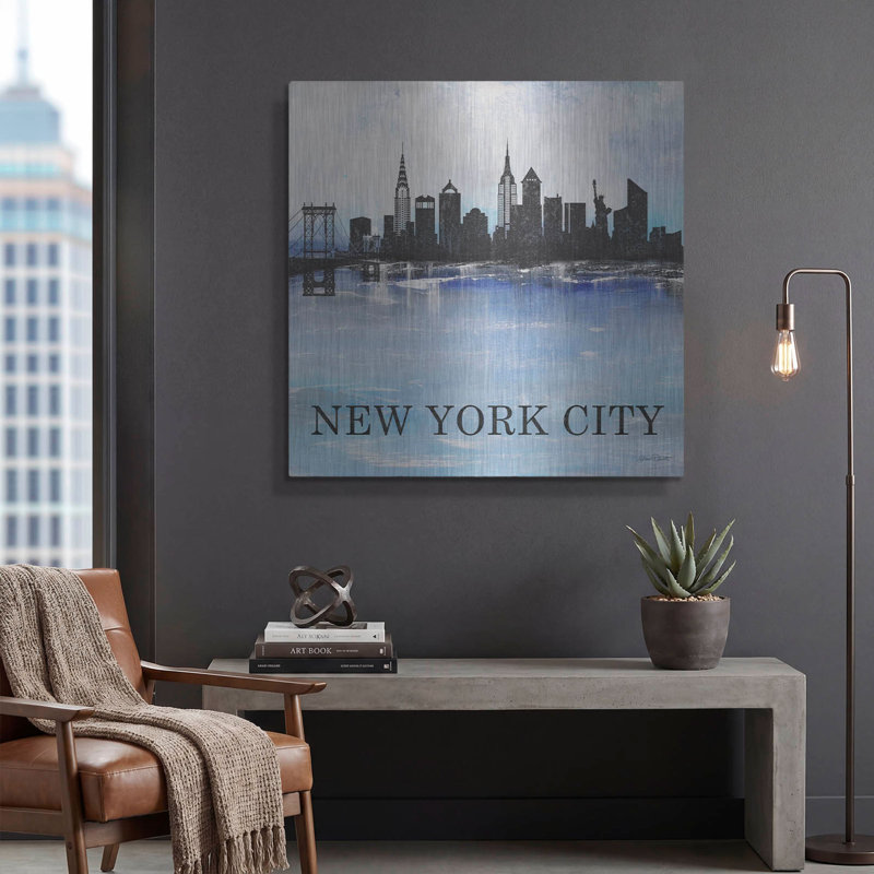 «Misty Blue-cités-a-b» par Jean Plout, art mural en métal, 36 po x 36 po, 36 po x 36 po