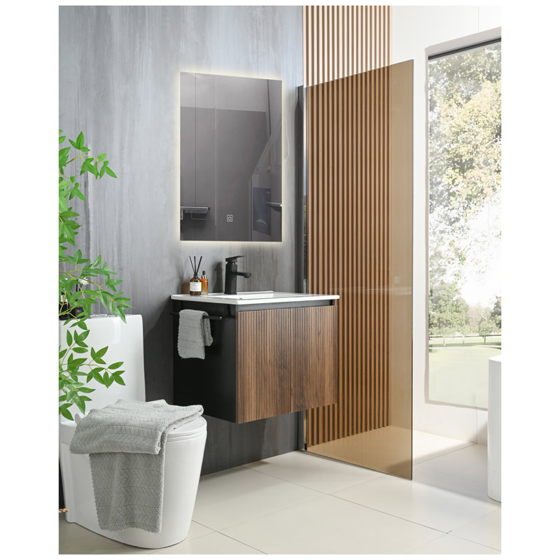 Ensemble de meuble-lavabo mural flottant avec évier intégré en céramique et porte-serviettes noir Goody