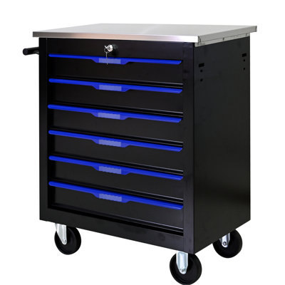 Black + Blue 6 Drawers Tool Trolley With Wheels, Powder Coating, Lockable, Smooth Steel Countertops, Attachable Case Mobile Wheels - Blue, Construction, Lockable Drawers, 2 Brake