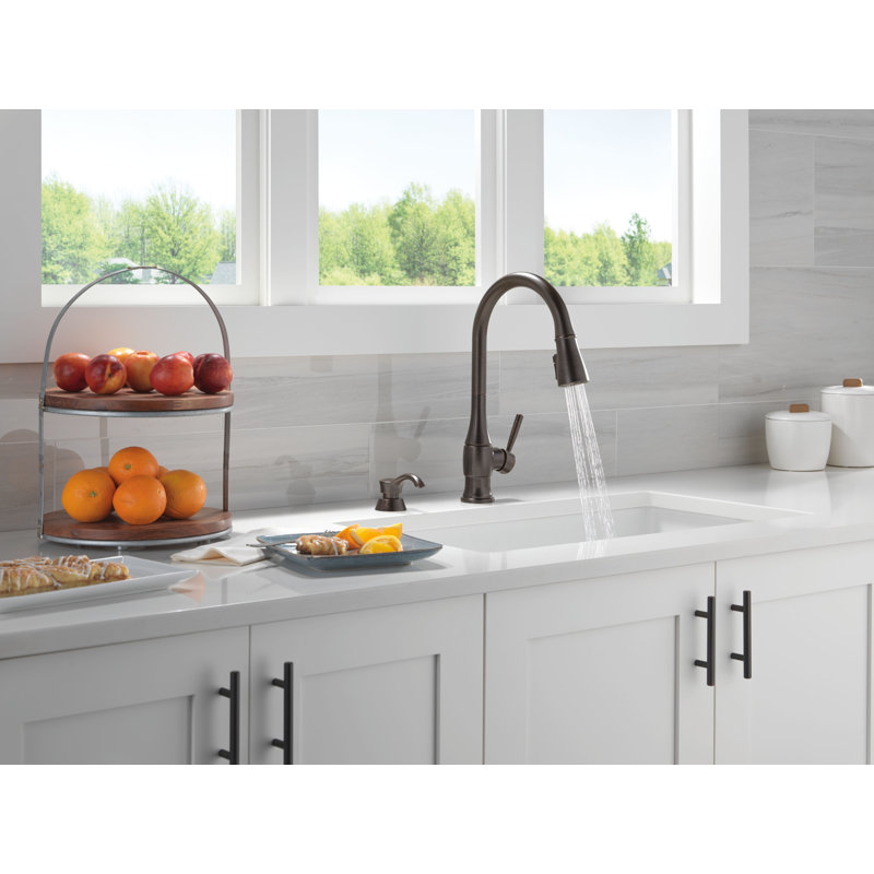 Delta Hazelwood Oil Rubbed Bronze Kitchen Faucet with Pull Down Sprayer and Soap Dispenser, Modern Single Hole Kitchen Sink Faucet, Single Handle, Venetian Bronze
