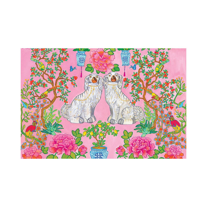 Staffordshire Dogs Chinoiserie en rose, estampe numérique sur toile tendue avec châssis, H 12 po x l 18 po