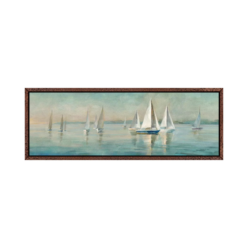 Sailboats At Sunrise by Danhui Nai - Panoramic Painting on Canvas, 152.4 cm H x 50.8 cm W, Classic Wood Framed Canvas