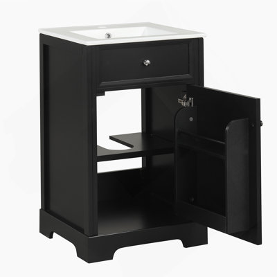 Meuble-lavabo fonctionnel avec lavabo, armoire, étagère de rangement et tablette ajustable, idéal pour organiser les essentiels de salle de bain et améliorer l'espace utilitaire.