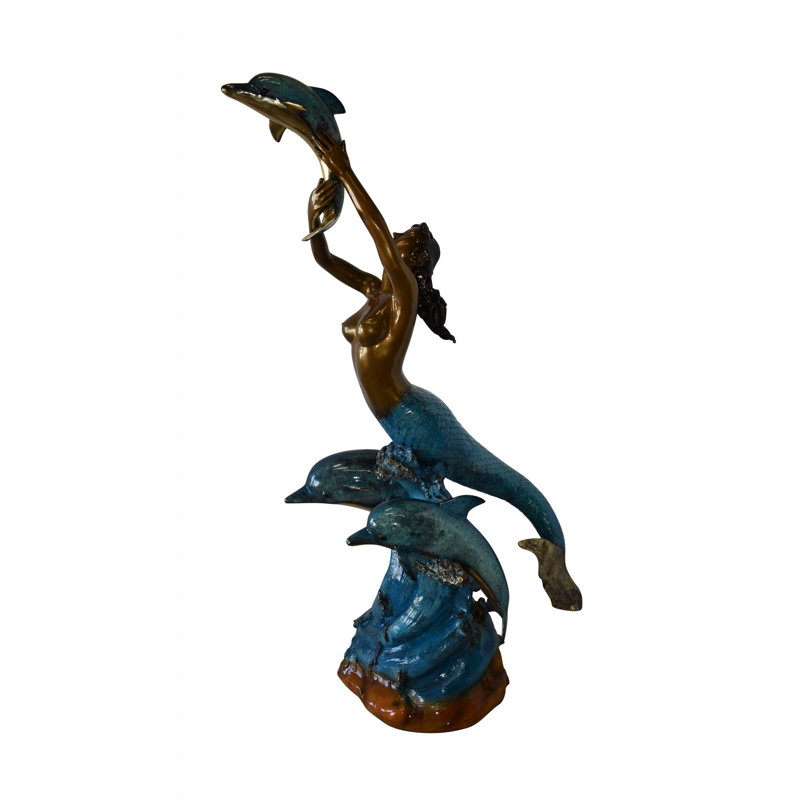 Mermaid W Three Dolphins Fountain Enameled Bronze Statue Size: 34" X 41" X 83"H