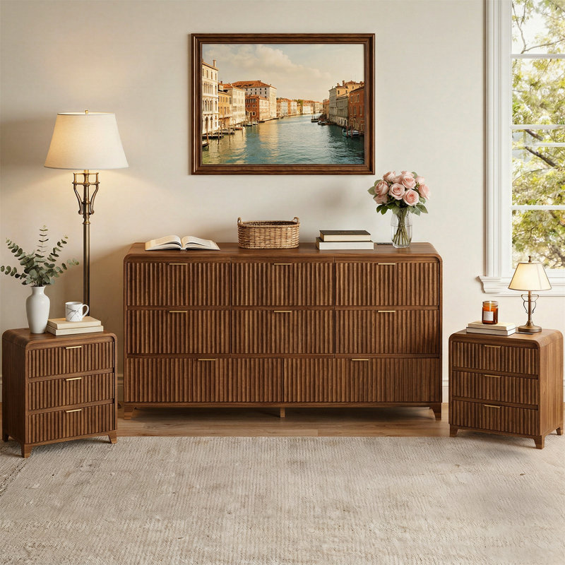Ensemble de commode et table de chevet 3 pièces pour chambre à coucher, Walnut