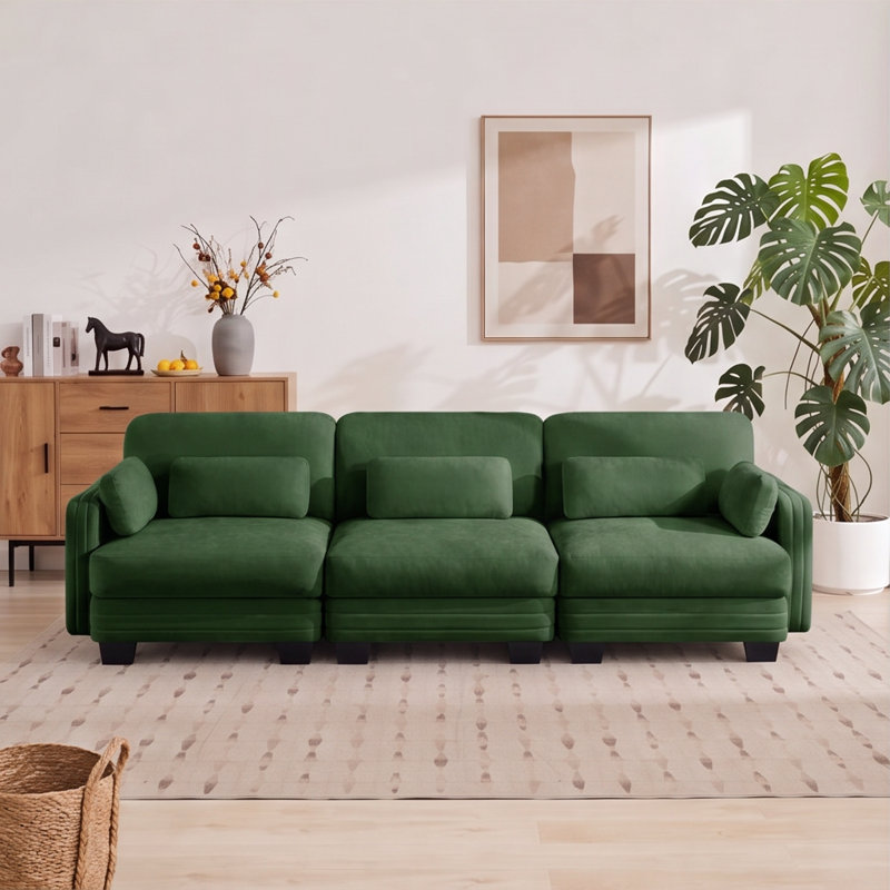 Canapé modulaire capitonné avec dossier réglable Channel, Chenille verte, H 35 po x l 100 po x P 35 po