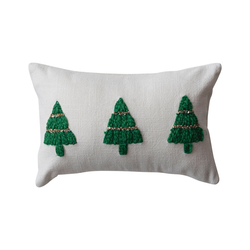 Coussin en coton flammé avec arbres de Noël brodés et perles