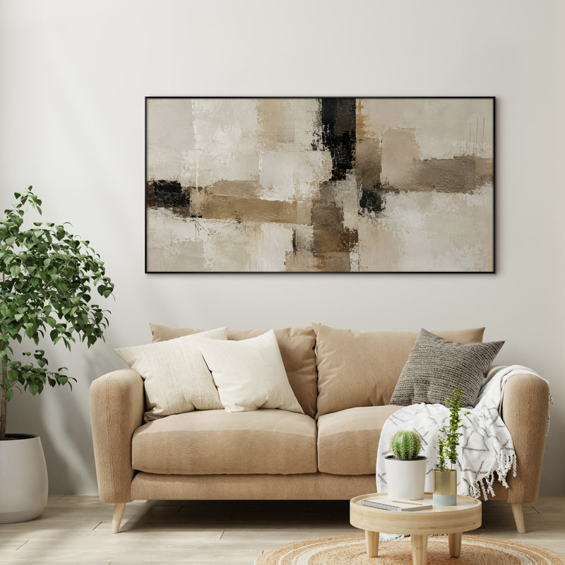 Très grand art mural imprimé sur toile - Formes horizontales abstraites beiges, décoration de salon moderne - "Assemblage requis du cadre (cadre non fini)"
