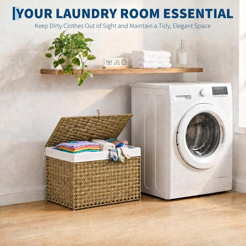 Panier de rangement en osier 64L avec couvercle, boîte à couvertures en rotin imperméable, rangement pour chambre à coucher