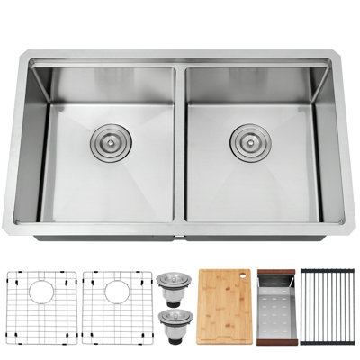 32'' Double Bowl Stainless Steel Undermount Workstation Kitchen Sink
