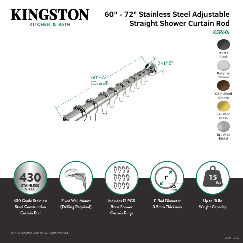 Ensemble de tringle à rideau de douche ajustable de 60 à 72 pouces avec anneaux Kingston Brass Edenscape, Bronze huilé