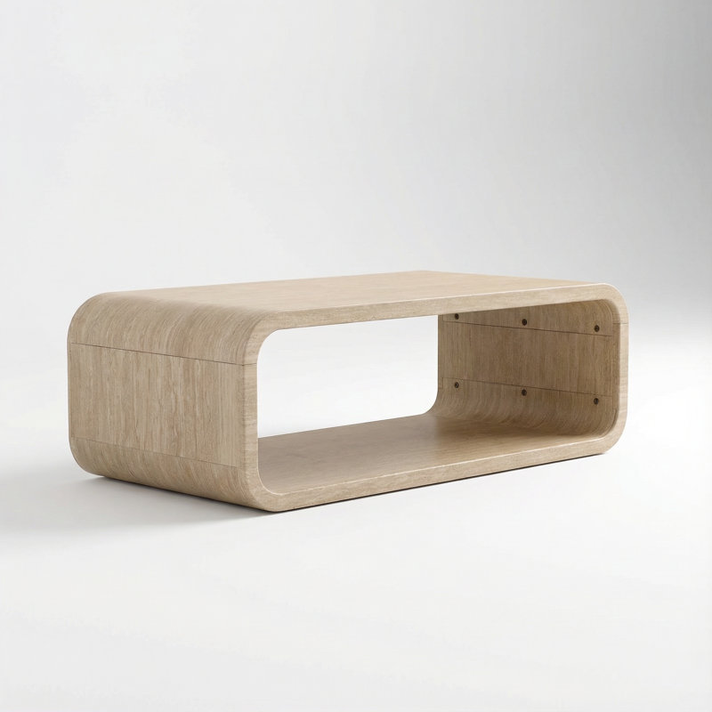 Table basse contemporaine courbée avec rangement ouvert conçue pour les décors de salon modernes, avec une finition en bois clair et un profil minimaliste