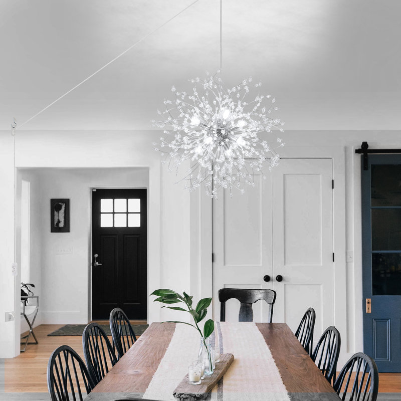 8-Light Chrome Dandelion Firework Chandelier with Plug-In Cord & Switch, Dimmable, Ideal for Living Room, Dining & Entryway
