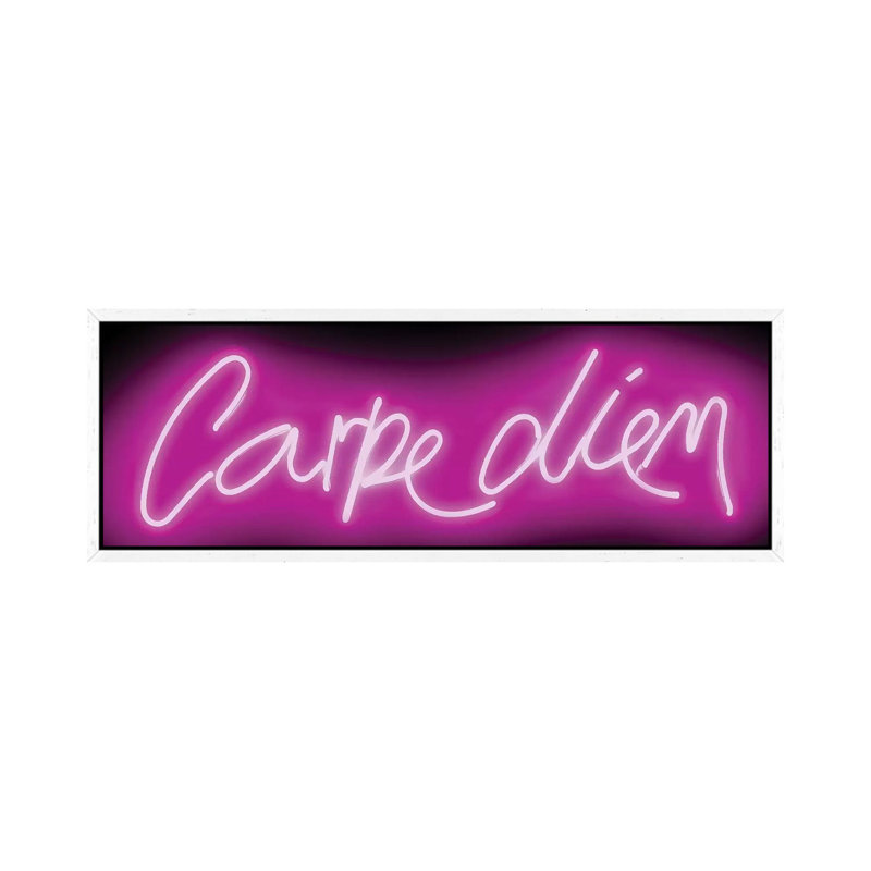 Neon Carpe Diem Pink On Black by Hailey Carr - Panoramic Print on Canvas, 30.48 cm H x 91.44 cm W, White Framed