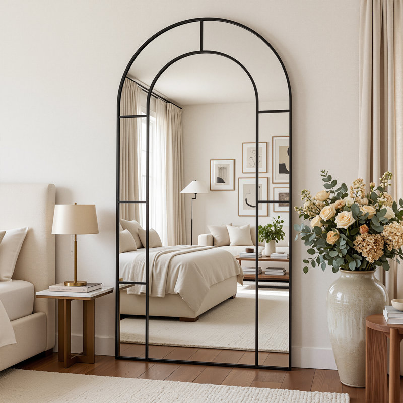 Miroir pleine longueur, miroir de plancher arqué, fenêtre décorative, cadre en métal, 78" x 38"