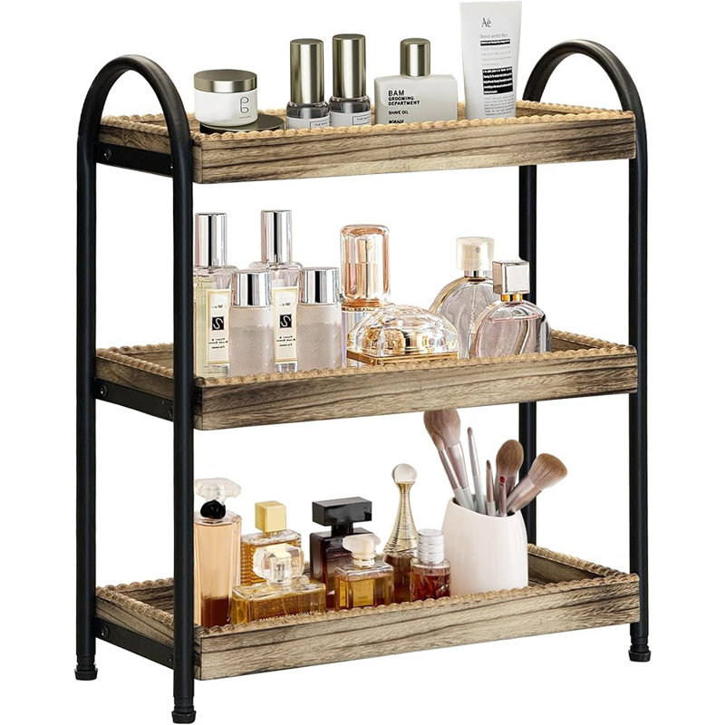 Organisateur de comptoir de salle de bain à 2 niveaux, tablette de rangement en perles de bois, plateau Mordern, tablette et décoration de salle de bain, plateau de meuble-lavabo pour salon, cuisine (3 niveaux)