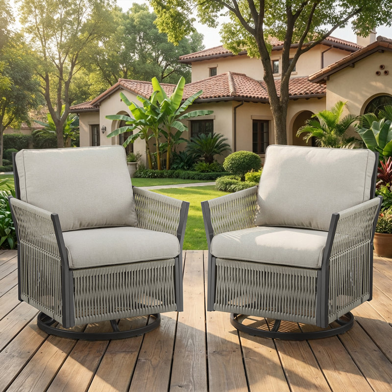 Ensemble de chaises coulissantes pivotantes en osier tissé de style moderne pour l'extérieur (ensemble de 2), Beige