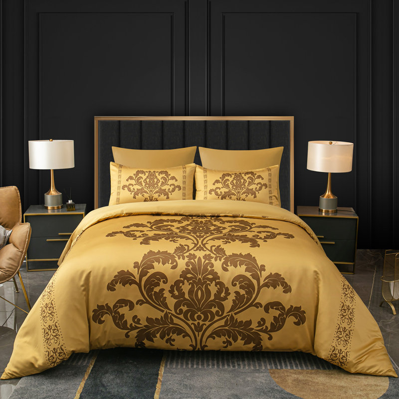 Satin Damask Duvet Cover Set with Pillow Shams, Single Duvet Cover + 1 Standard Pillowcase