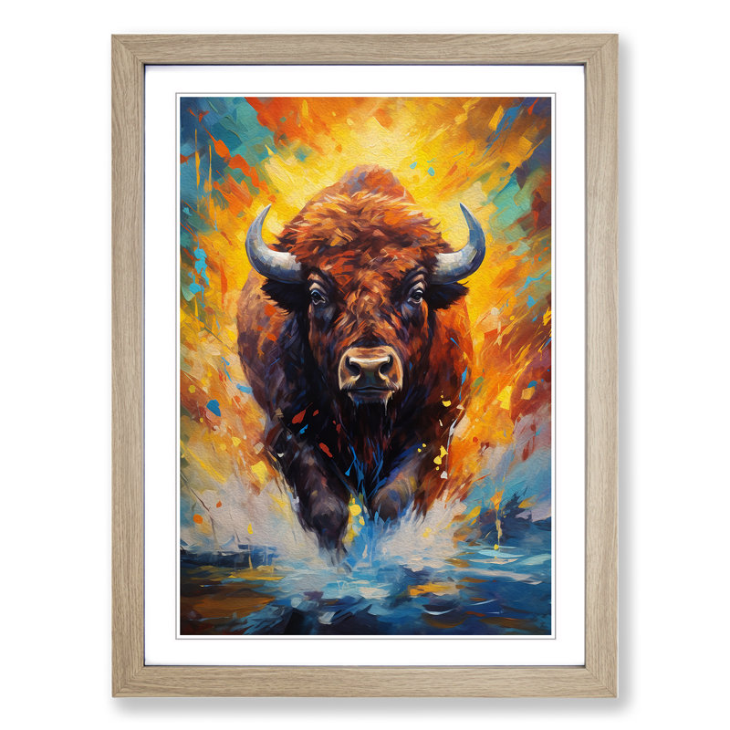 Buffalo Impressionism Art - Framed Print, 64cm H x 46cm W x 2cm D, Oak Framed