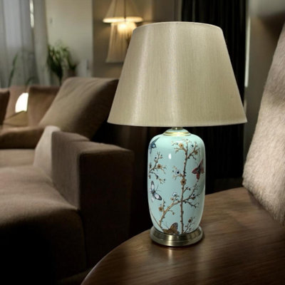 Vintage Floral Ceramic Table Lamp - Glazed Ceramic Base Retro Design Fabric Shade Hand Finished 1m Cable Switch for Home Decor