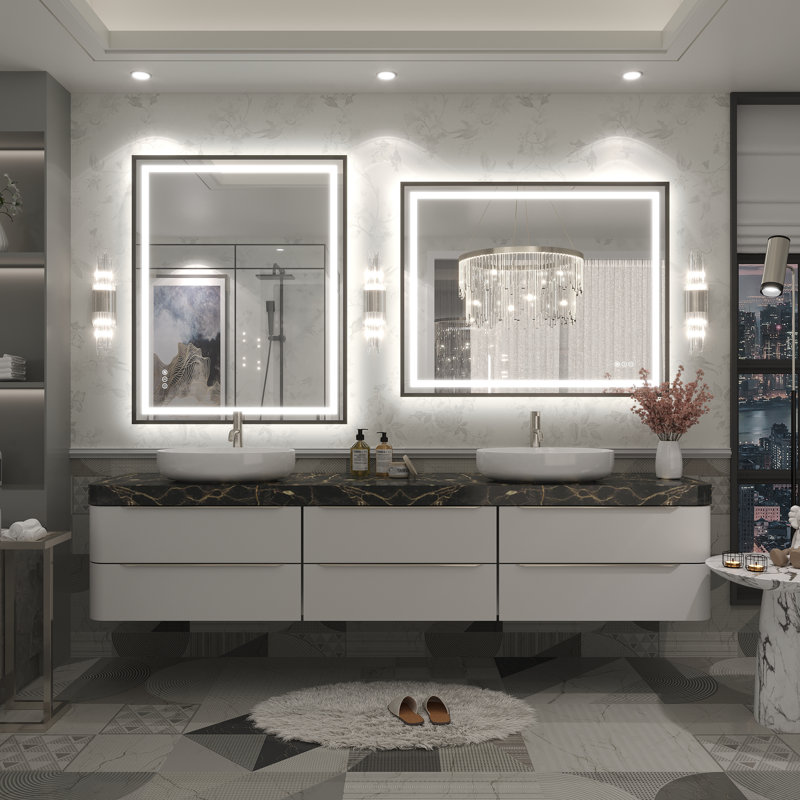 Molly Framelss or Framed LED Anti-Fog Tempered Glass Wall Bathroom Vanity Mirror - UL Certified, 40" x 32", Black