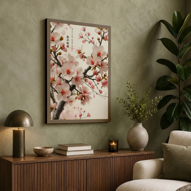 Moonlit Cherry Blossom Japandi - Wrapped Canvas, 18x12 - 45.7 x 30.5 cm, Teal Border
