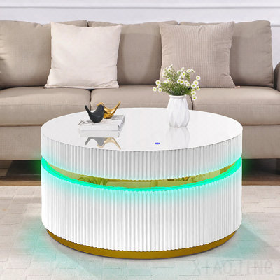 39" Round White Coffee Table With Glass Top And Led Lights